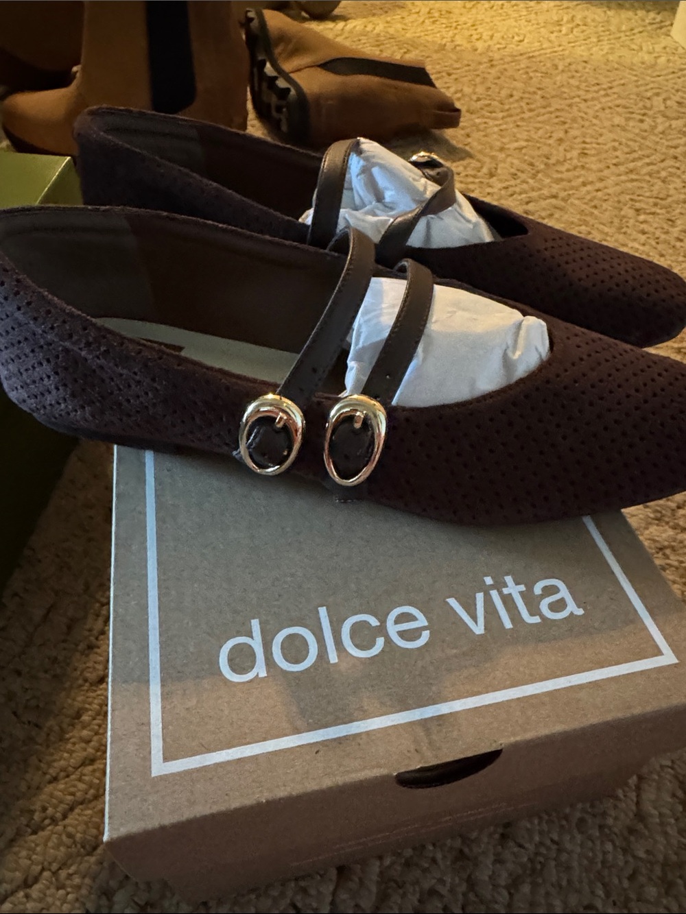 Dolce Vita Dark Brown Perforated Double-Strap Flats - Picture 2 of 4